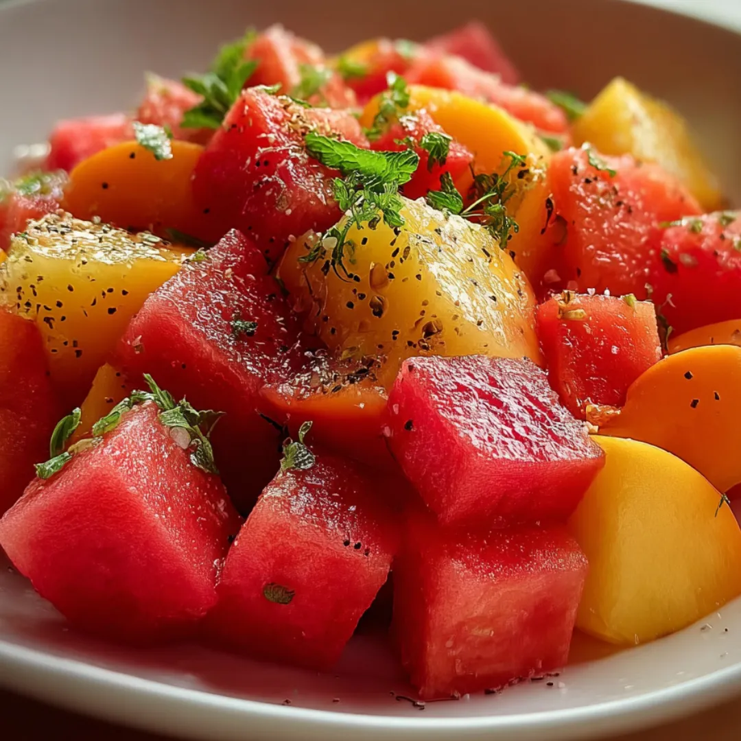 There’s a white bowl packed with juicy watermelon slices.