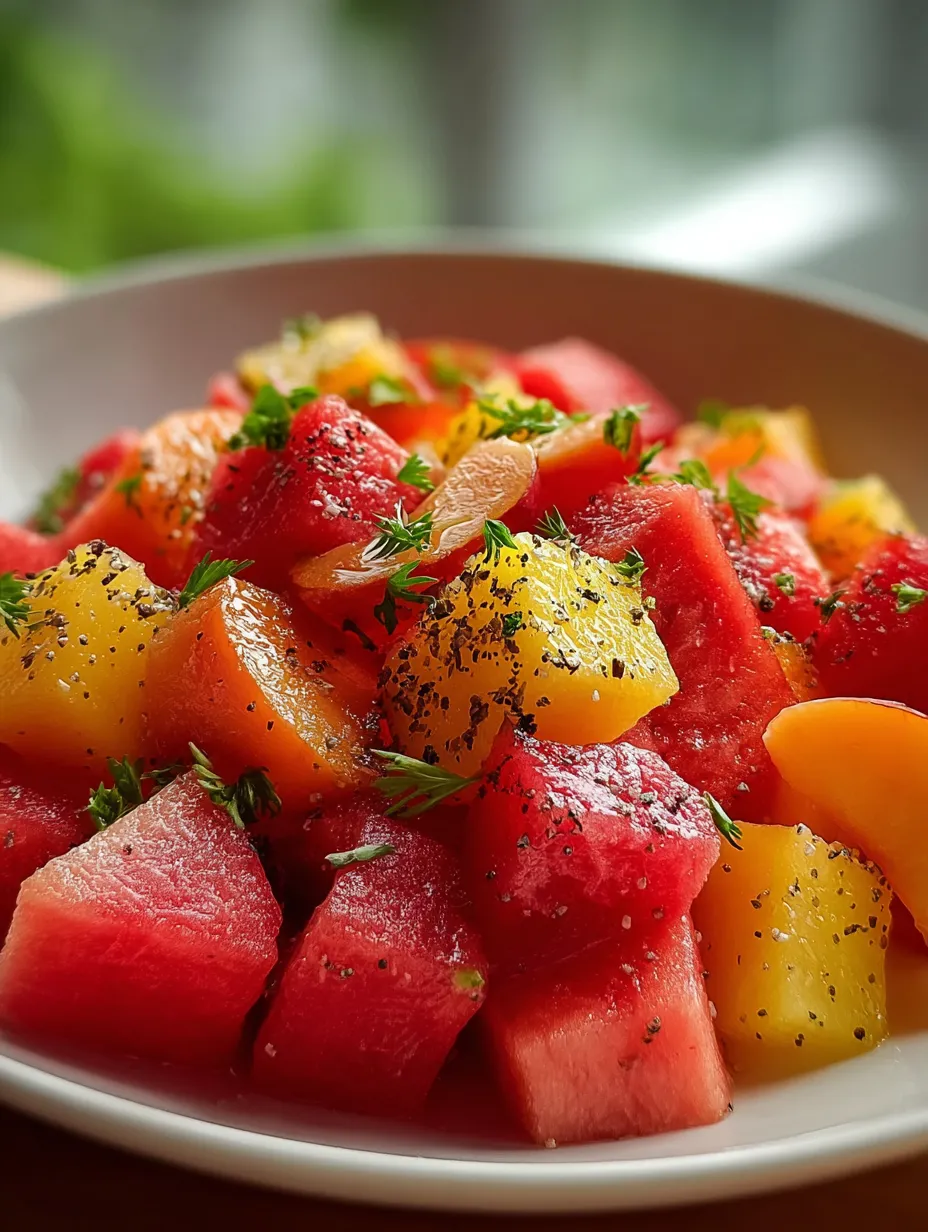 A bowl filled with watermelon chunks and black seeds.
