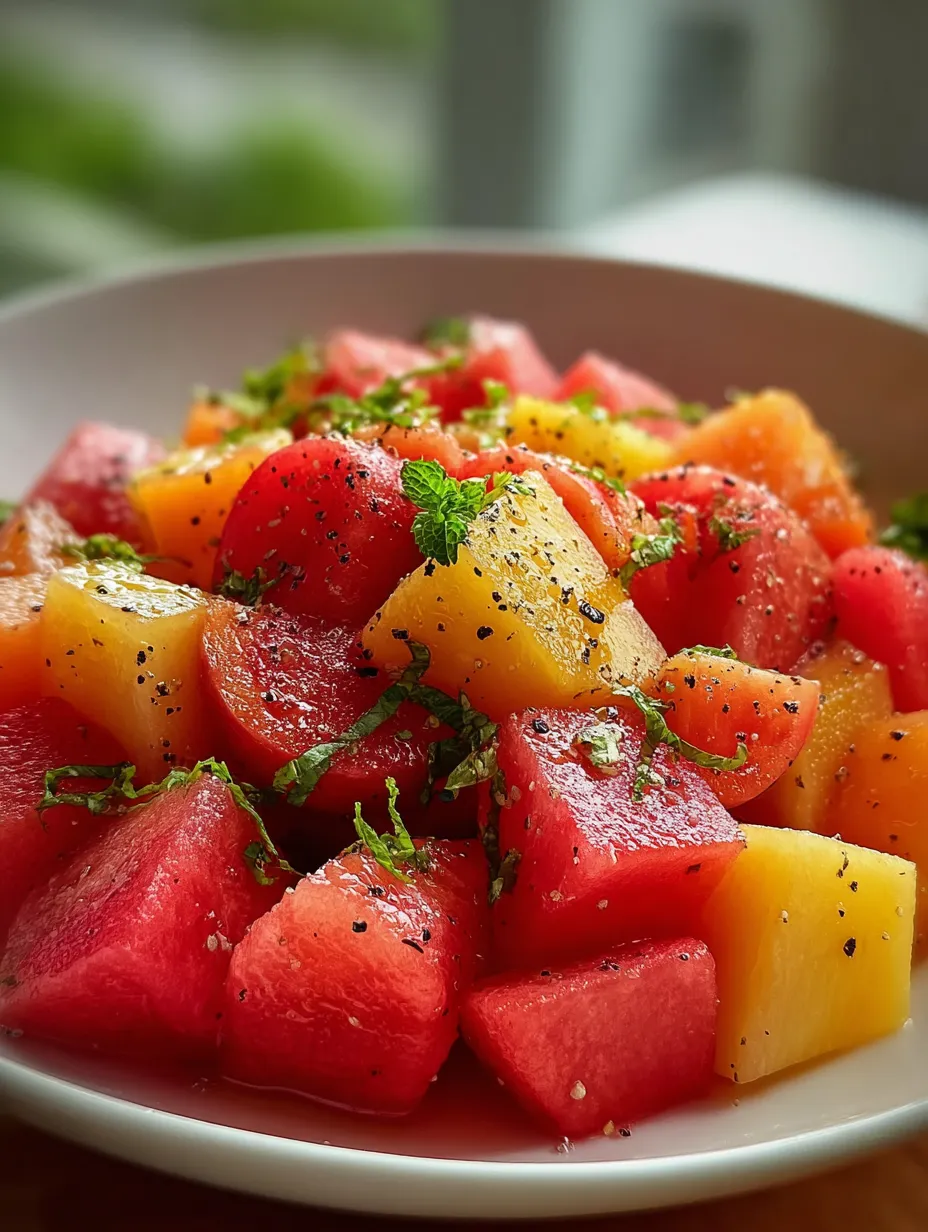 Bowl packed with chunks of watermelon, honeydew, and cantaloupe.