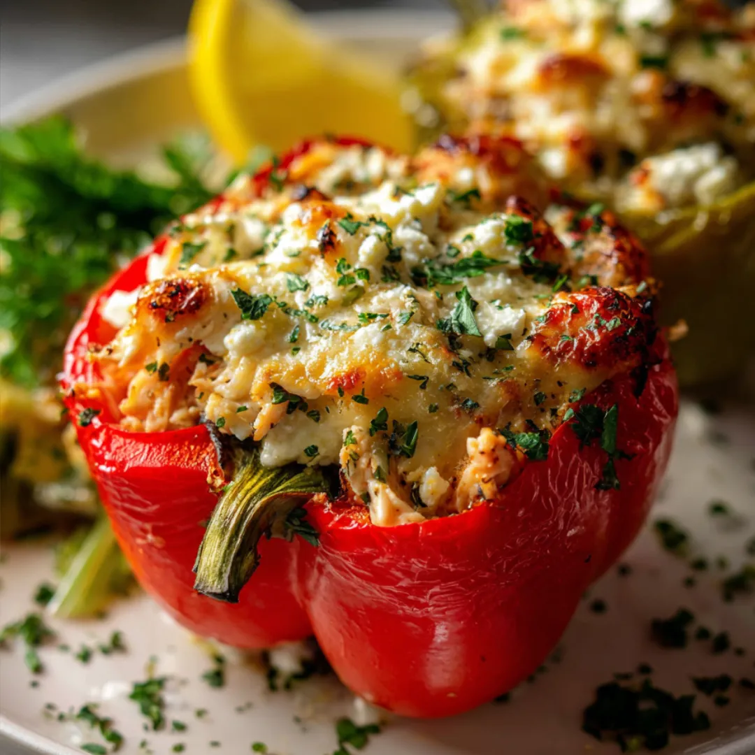 A plate showing a vibrant red stuffed bell pepper with lemon on the side.