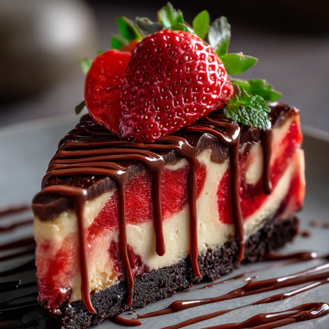 A piece of cheesecake topped with fresh strawberries and chocolate sauce.