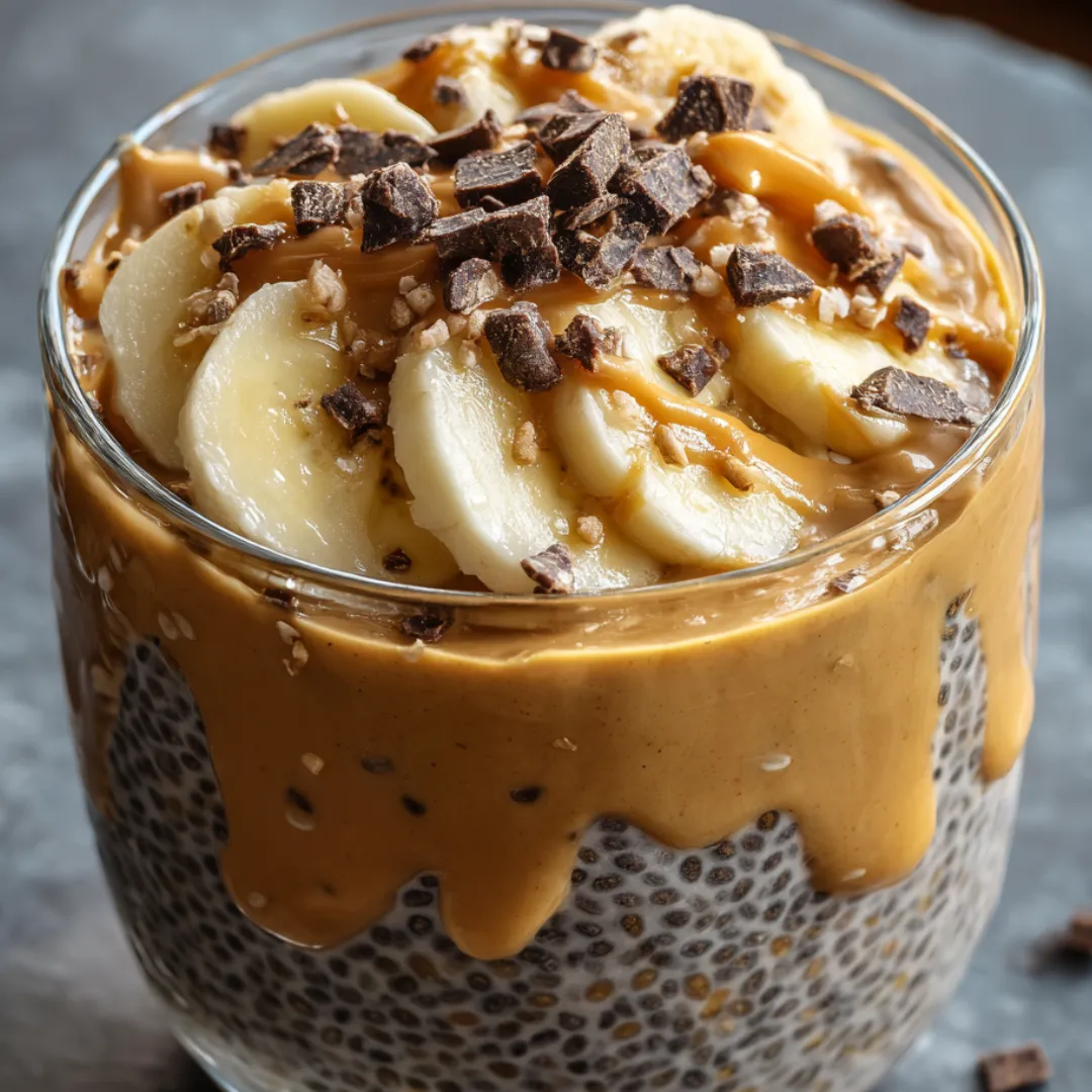 A glass filled with yogurt, bananas, and a few chocolate chips on top.