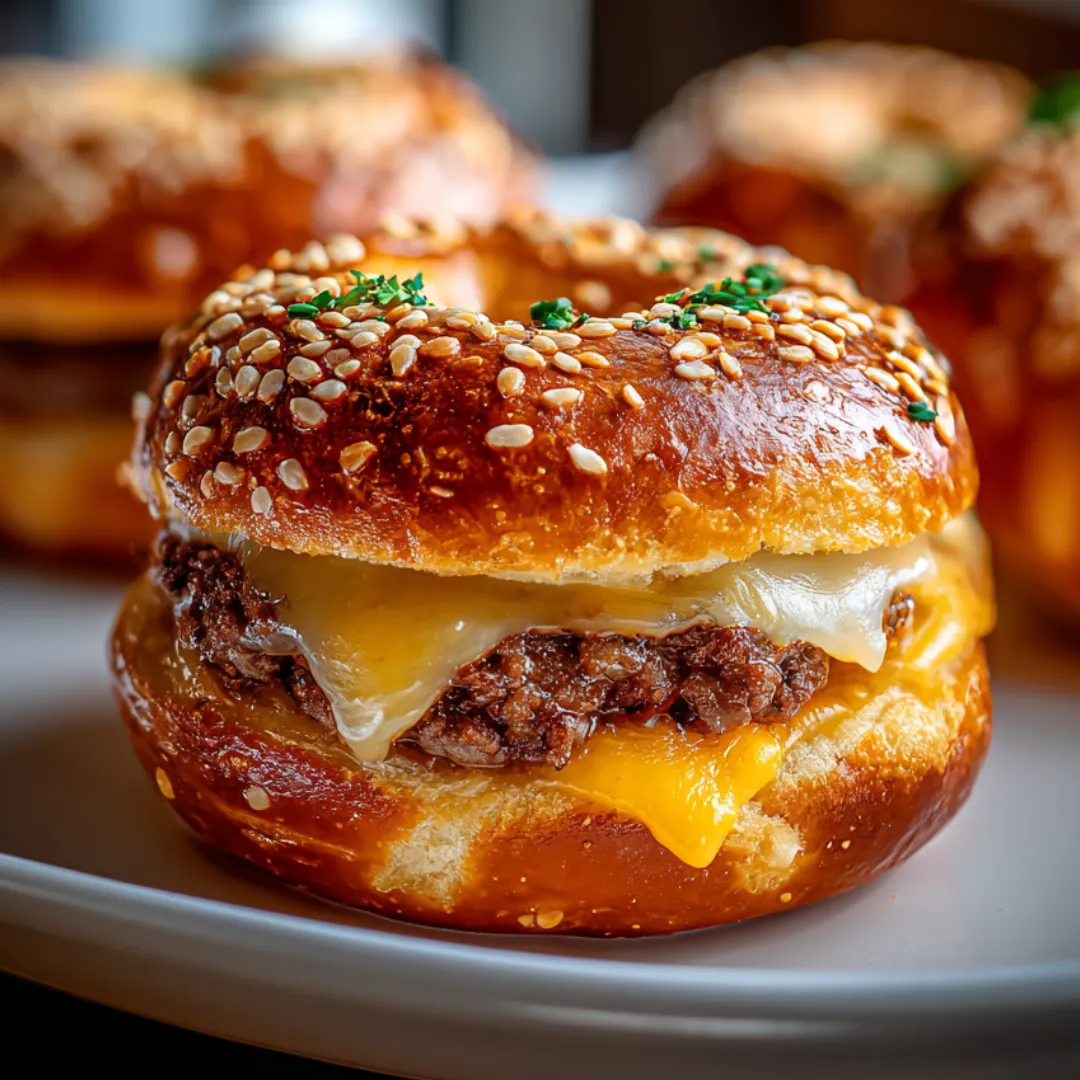 Pretzel dough snack stuffed with beef and cheese served on a plate.