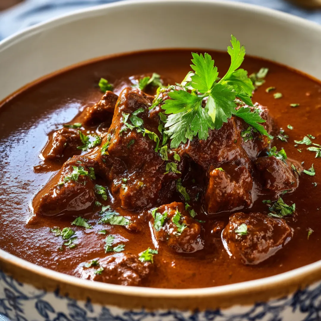 Beef stew in a bowl topped with fresh herbs.