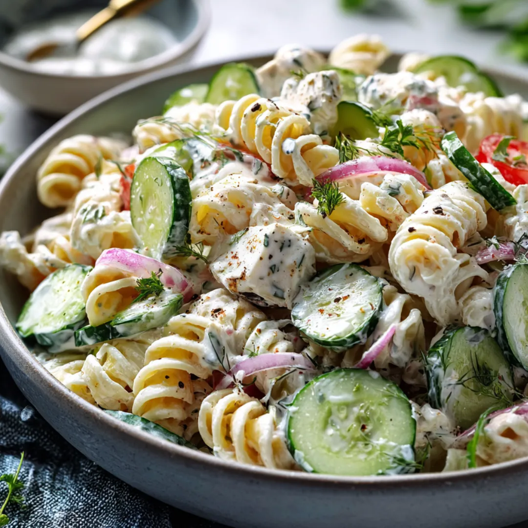 A bowl loaded with pasta, sliced cucumber, and tomato chunks.