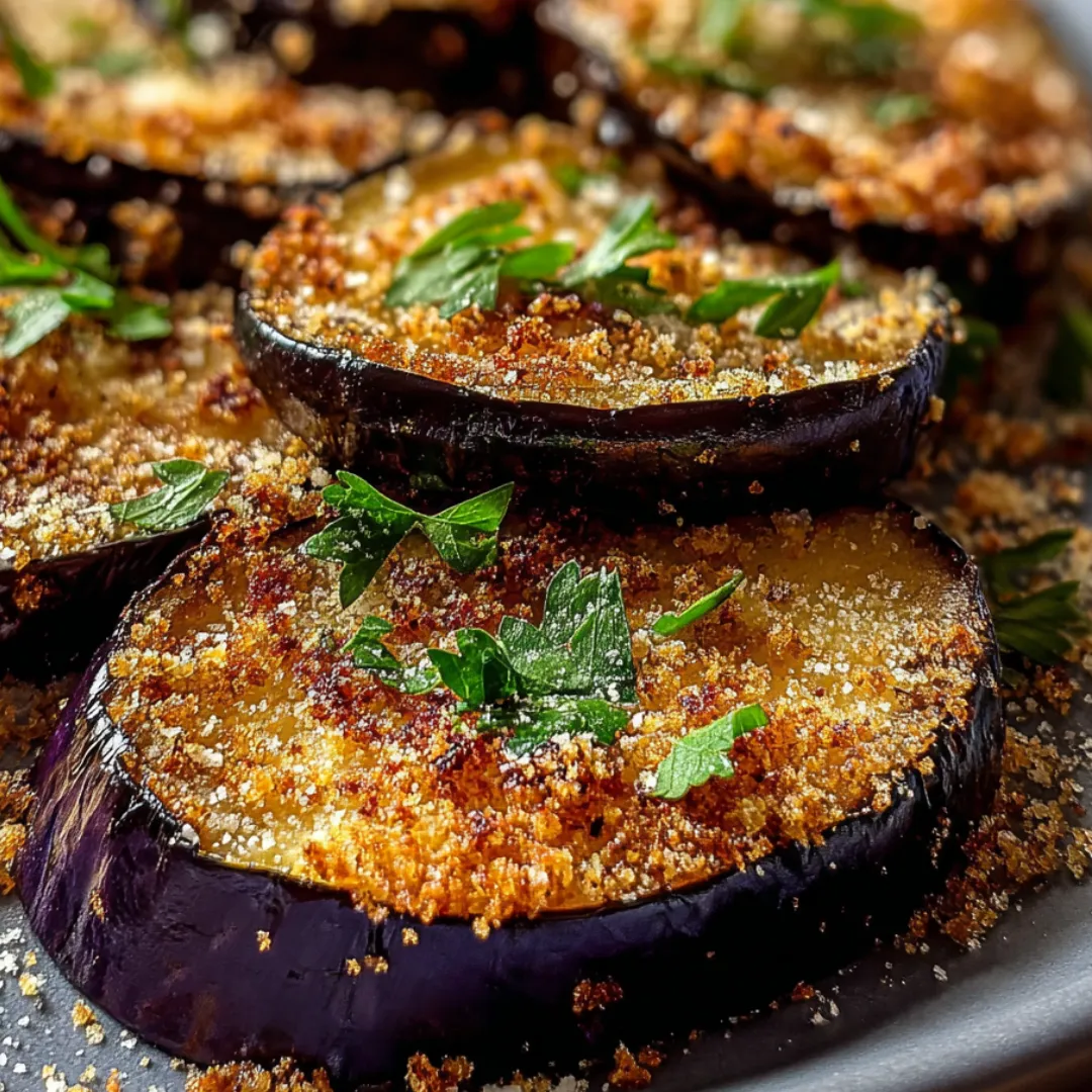 Eggplant rounds on a plate topped with a bit of greens.