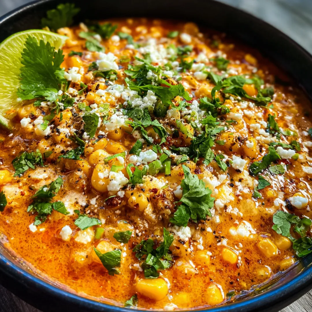 Soup loaded with sweet corn and melty cheese in a bowl.