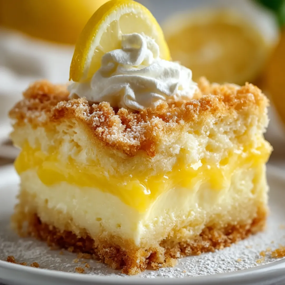 Slice of lemon dessert topped with fluffy whipped cream.