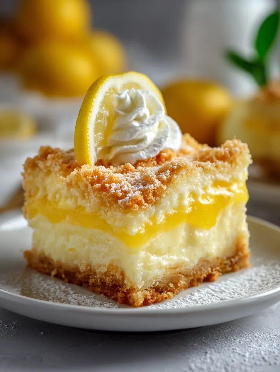 Lemon cheesecake bar with whipped cream on top.