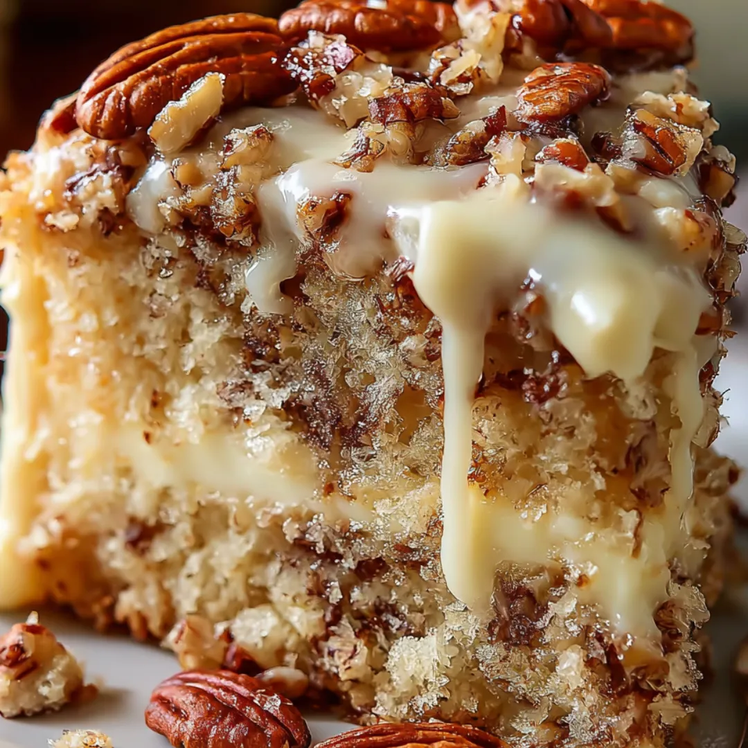 Slice of cake topped with plenty of nuts.