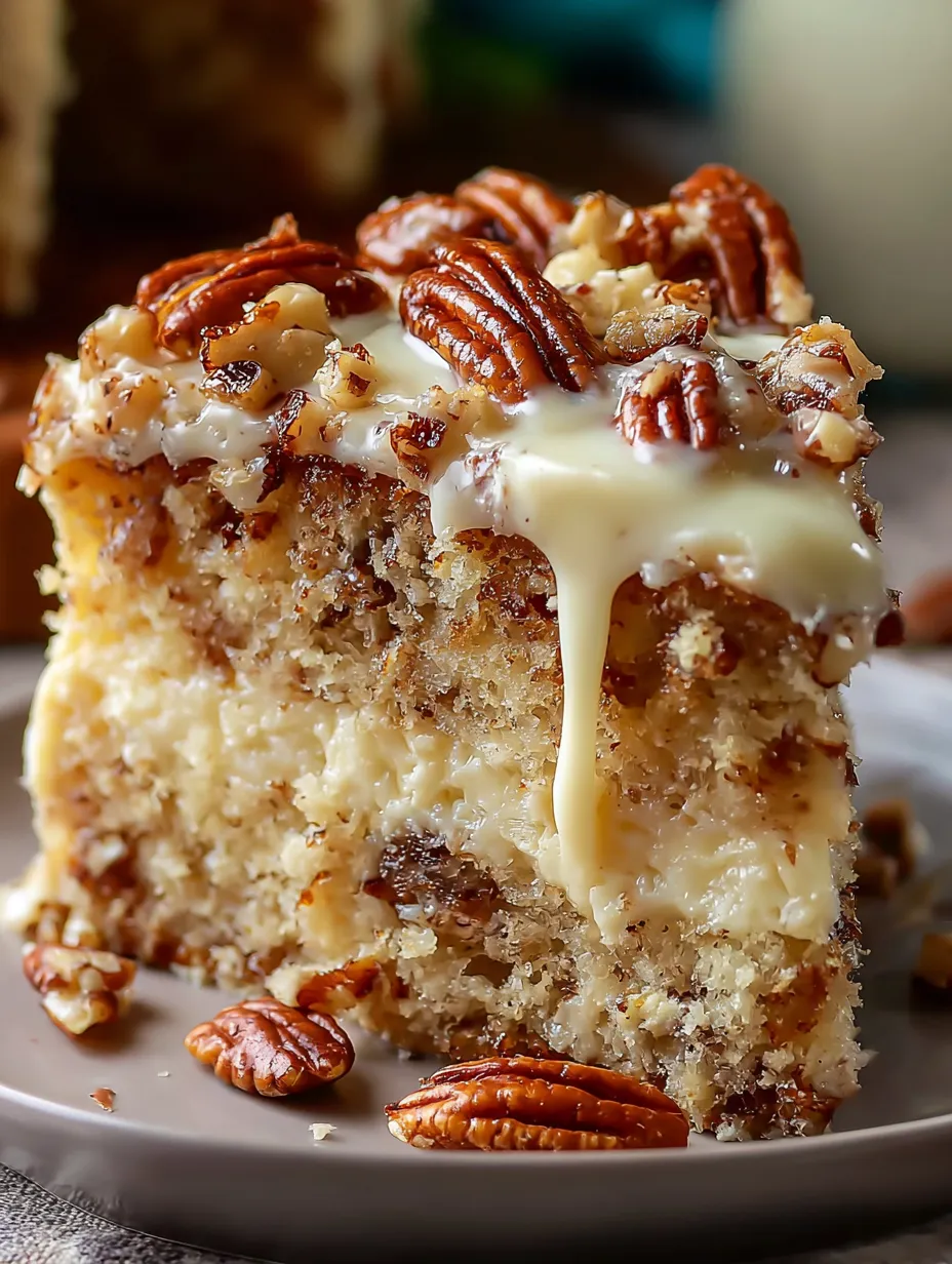 A slice of cake with pecans on top.