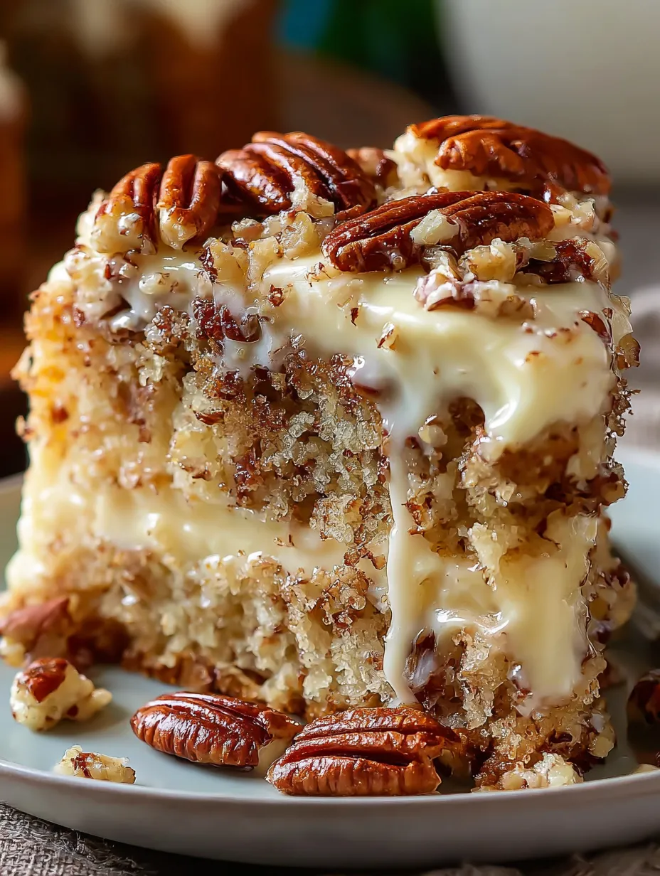 A slice of cake with pecans on top.