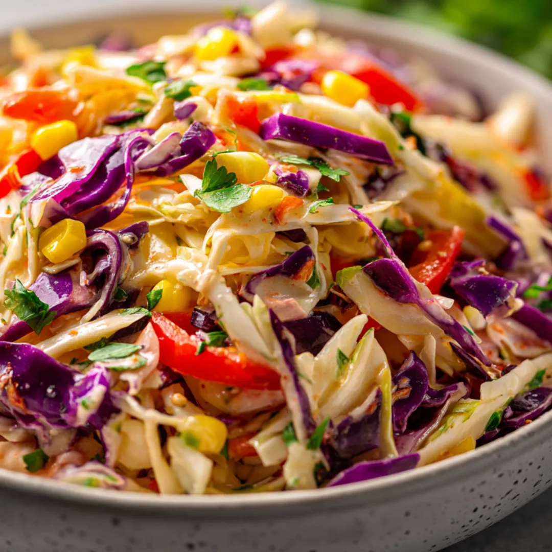 A bowl filled with purple cabbage, lettuce, tomatoes, and corn.