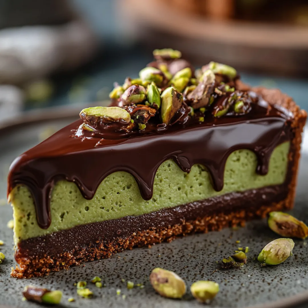 A thick slice of chocolate tart with roasted nuts on top.