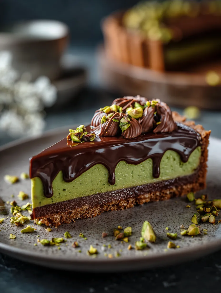 Chocolate tart slice with green nut topping.