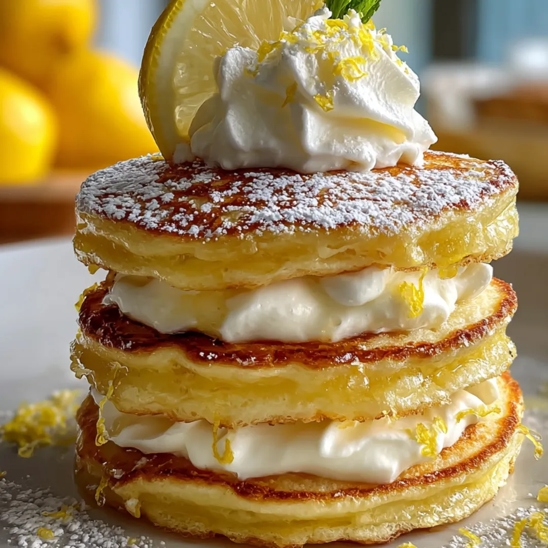 Stacked pancakes topped with whipped cream and lemon slices.