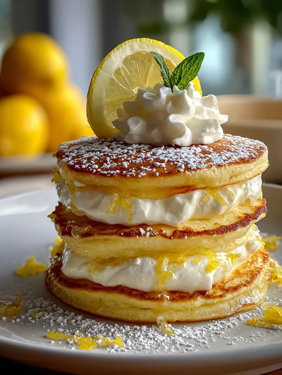 A big stack of pancakes with whipped cream and lemon slices.