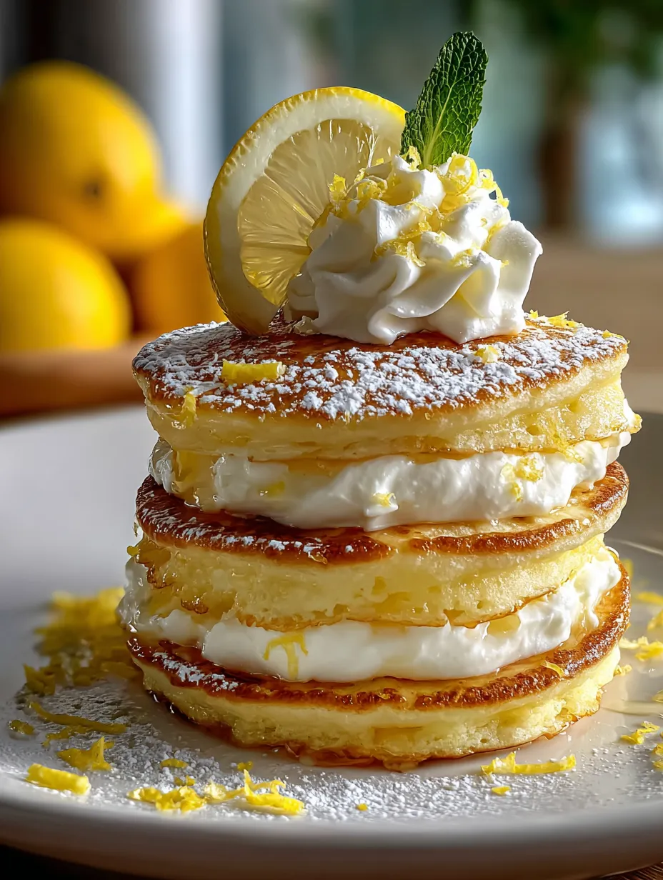 Tall stack of pancakes with a lemon slice on top.