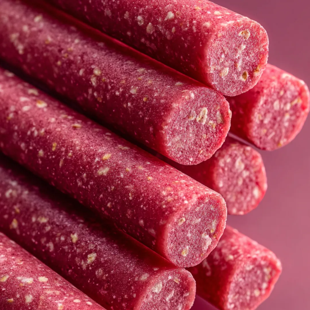 A bunch of red sausages lined up in a row.