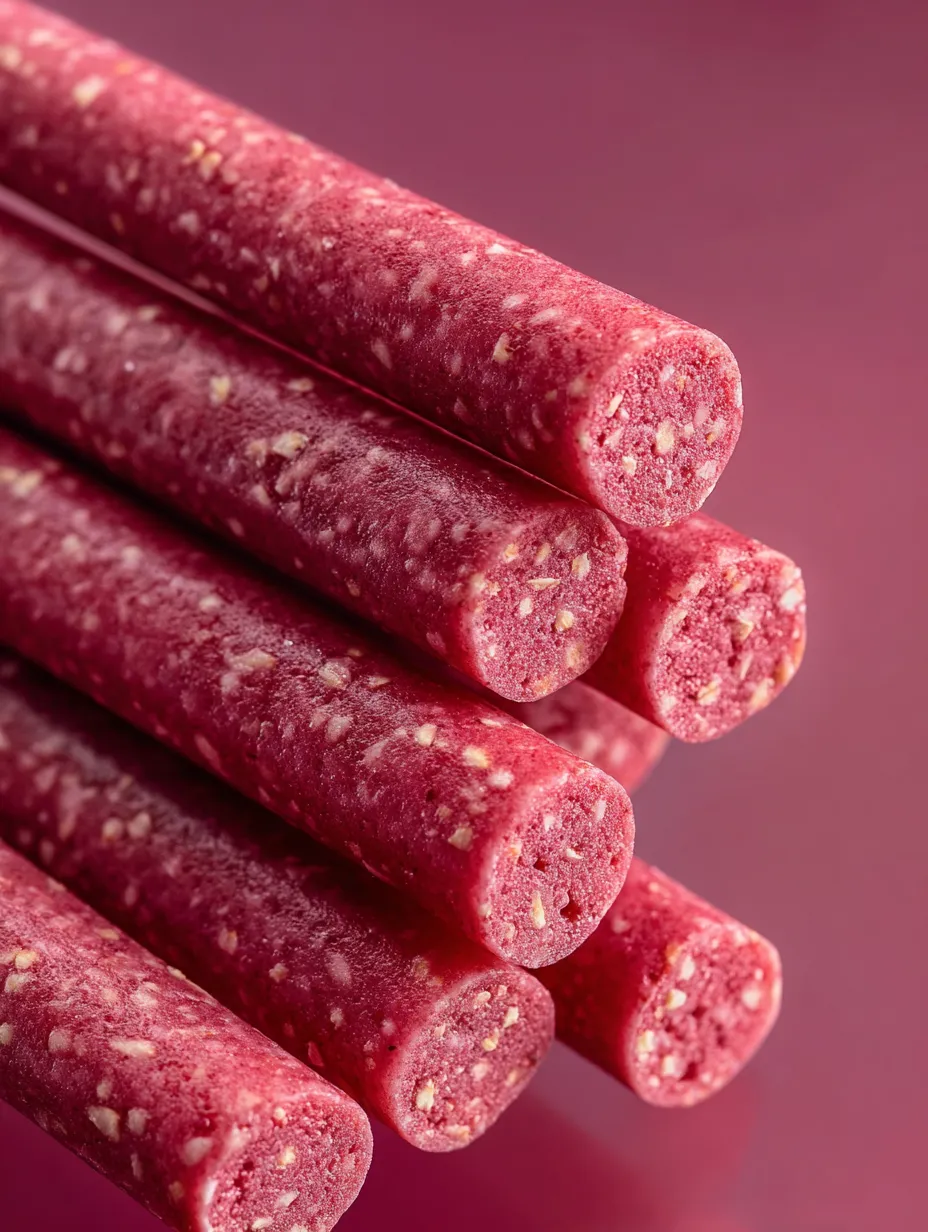 Stacked red chewy treats on display.