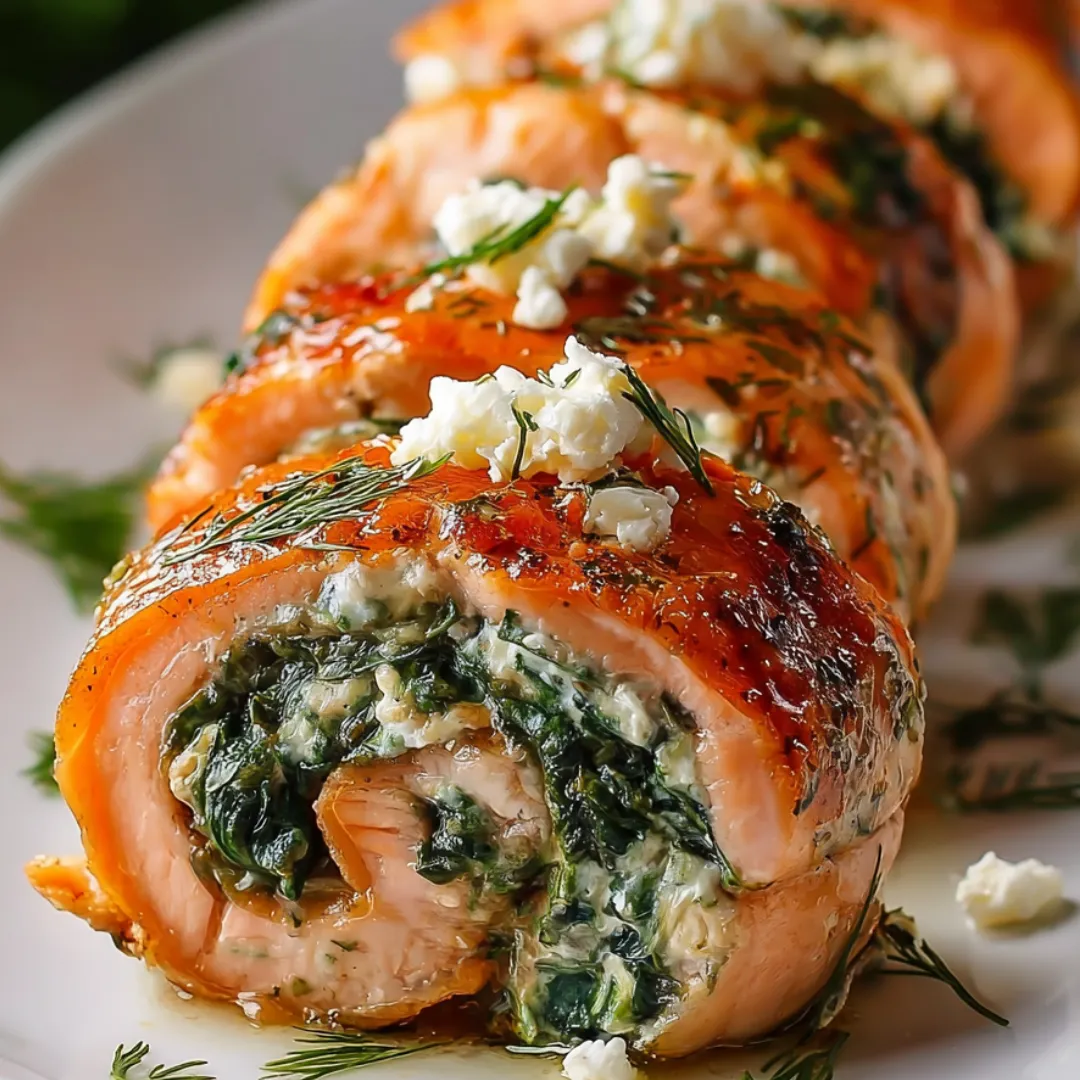 Sliced salmon filled with feta and herbs on a plate.