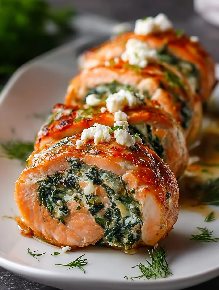A plate with cooked salmon stuffed with feta cheese.
