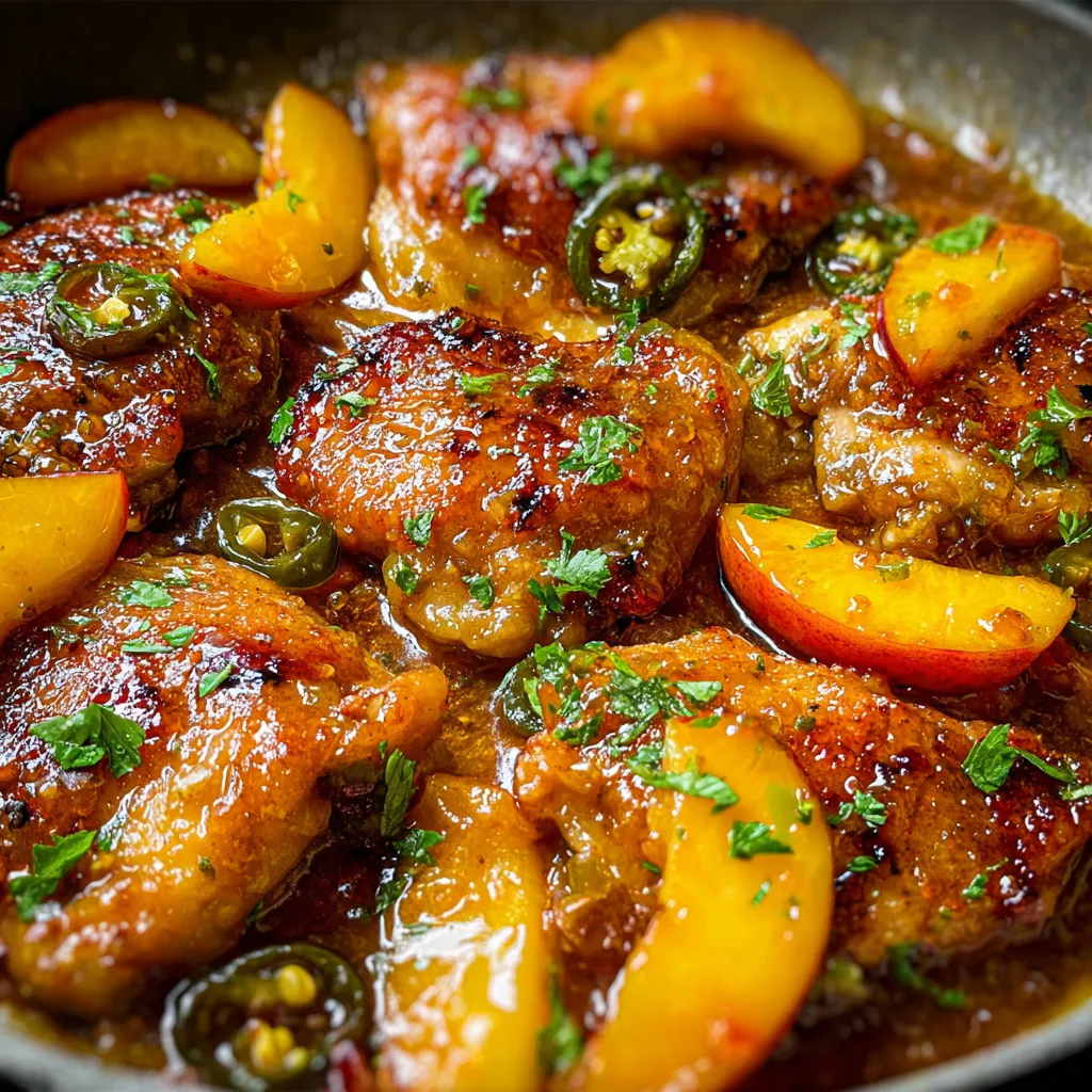 Pan filled with chicken, peaches, and jalapeños.