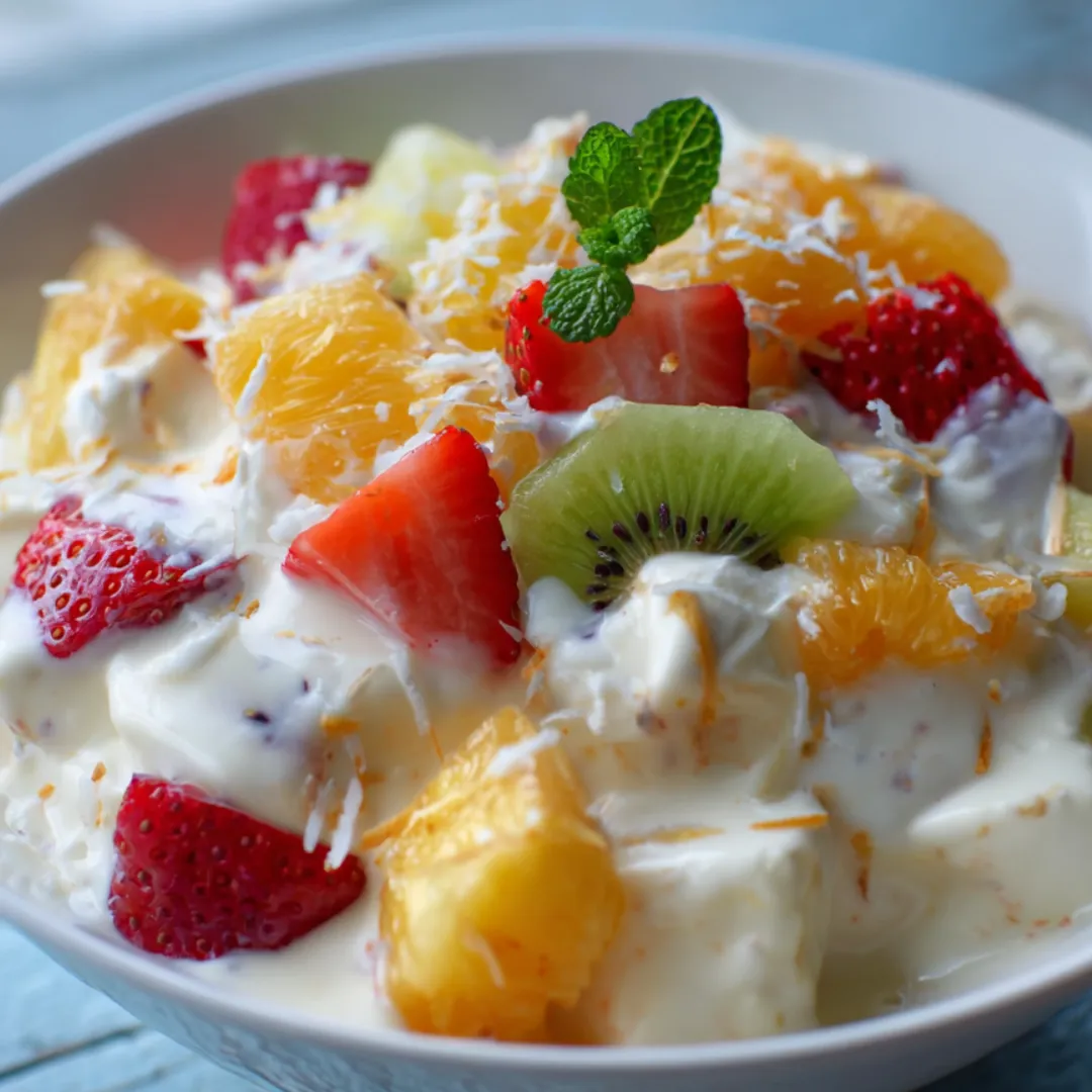 Bright bowl packed with strawberries, kiwi slices, and mandarins.