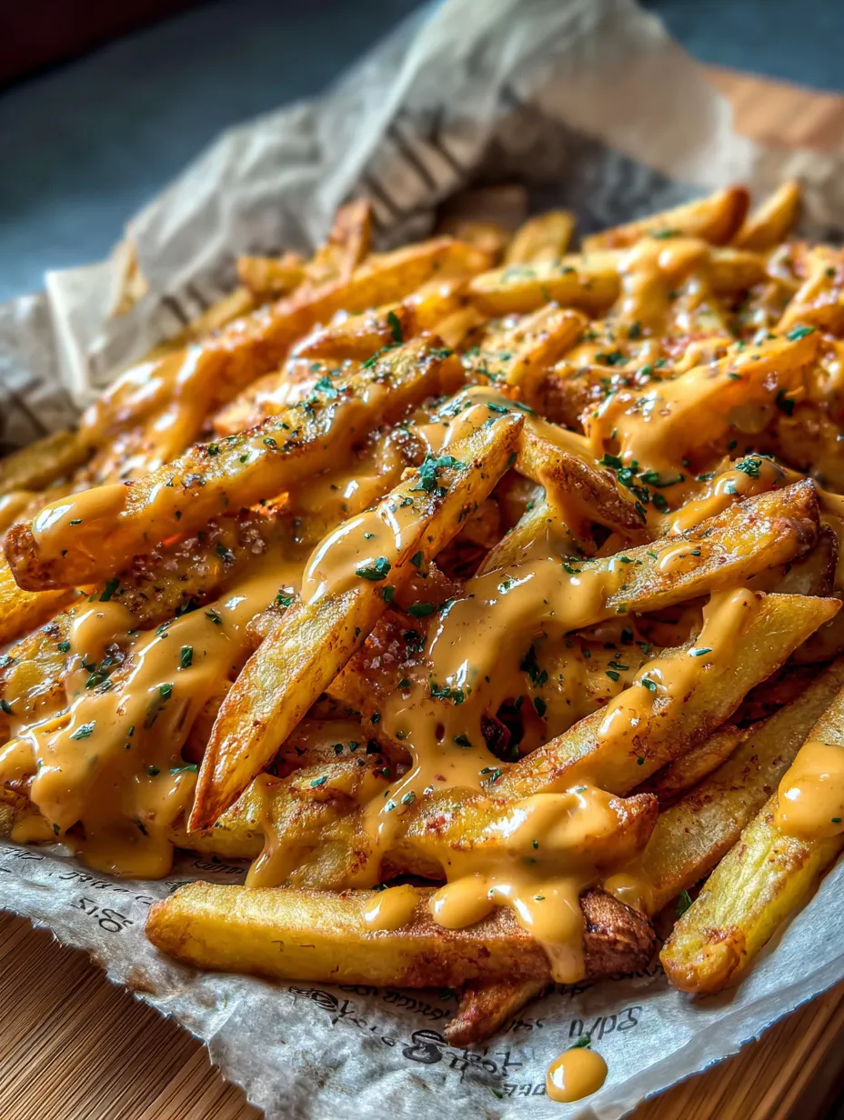 A plate of french fries with cheese.