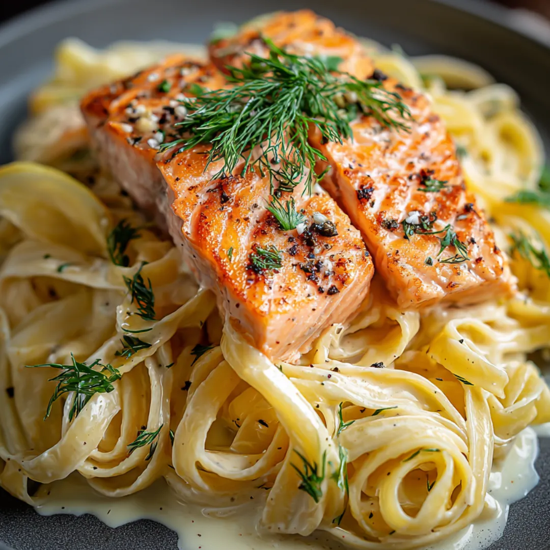 A round plate topped with a salmon fillet and a pile of pasta.