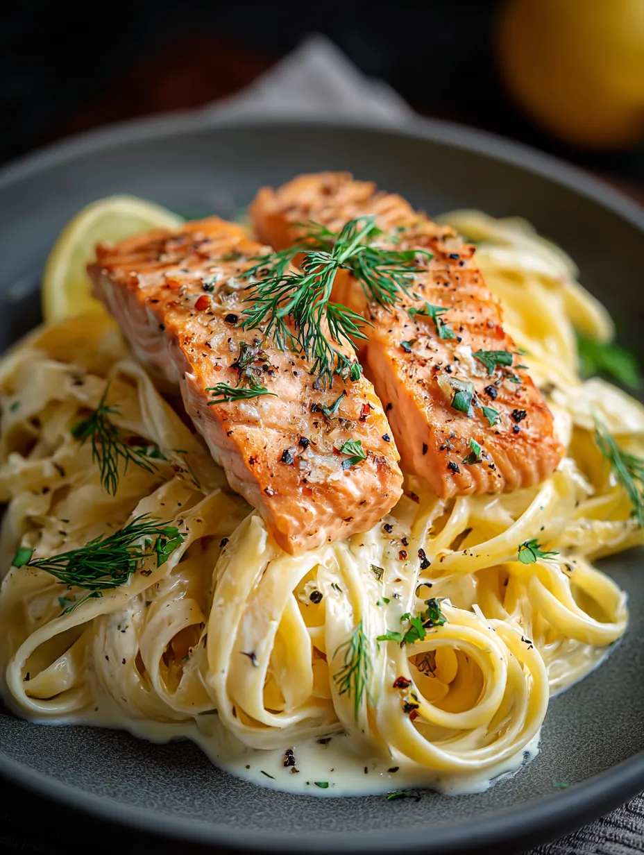 A plate with salmon-topped noodles.