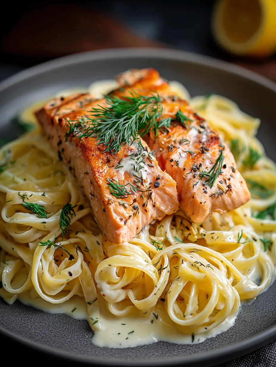 Pasta topped with fish and herbs on a plate.