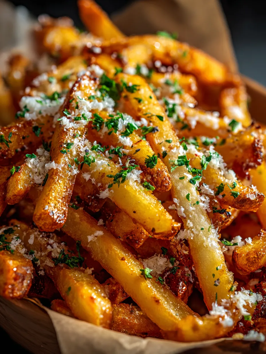 Zoomed in fries smothered in cheese and herbs.