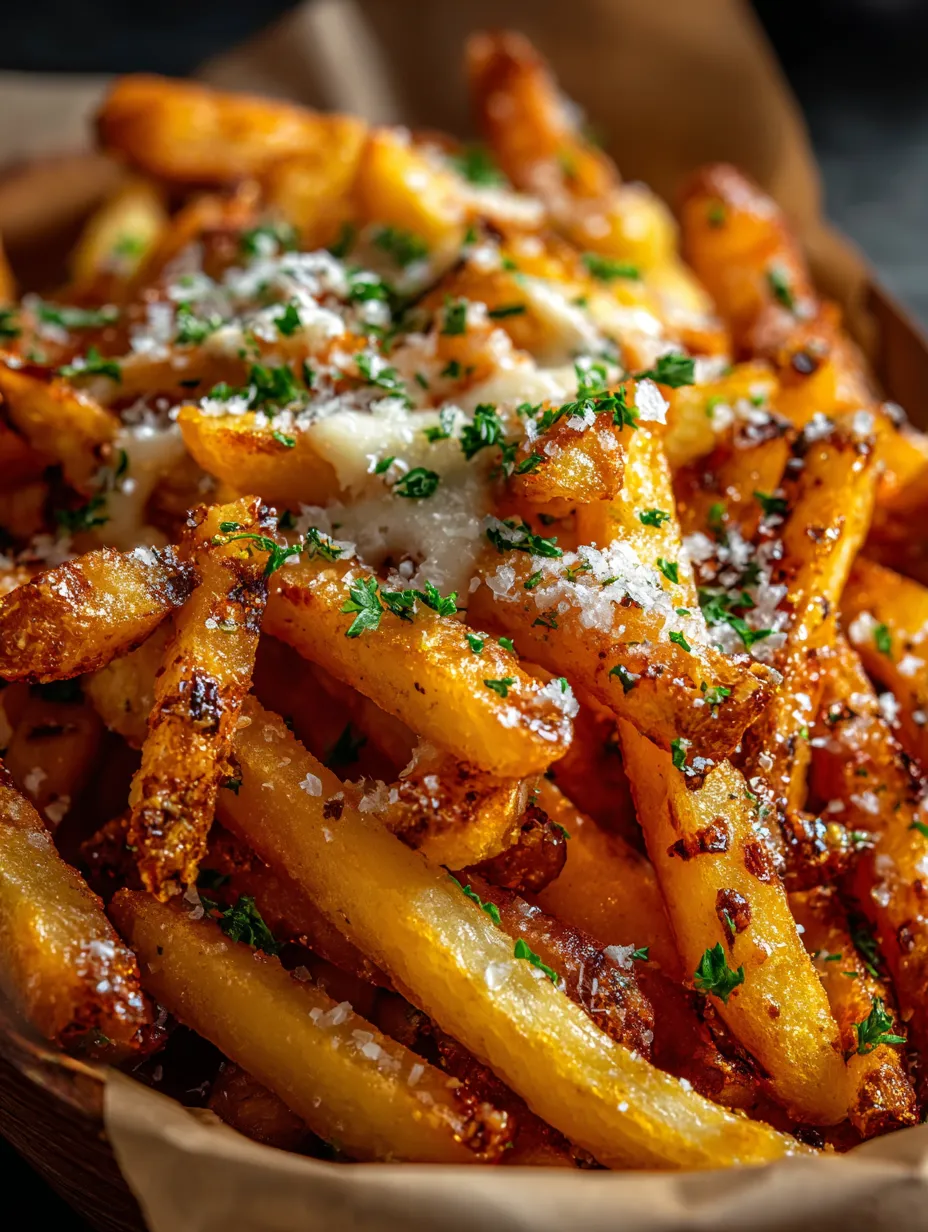 Close shot of fries covered in cheese and chopped parsley.
