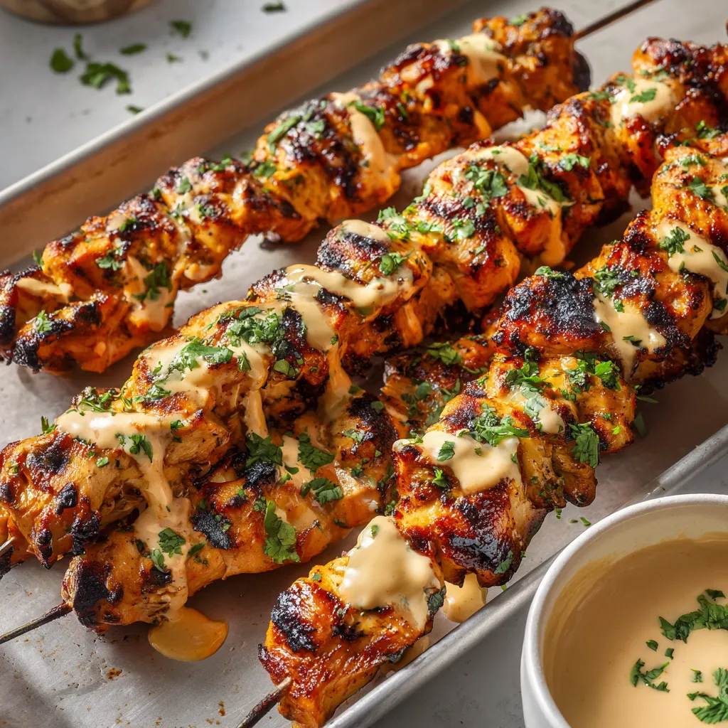Kebabs on a tray with a drizzle of sauce.