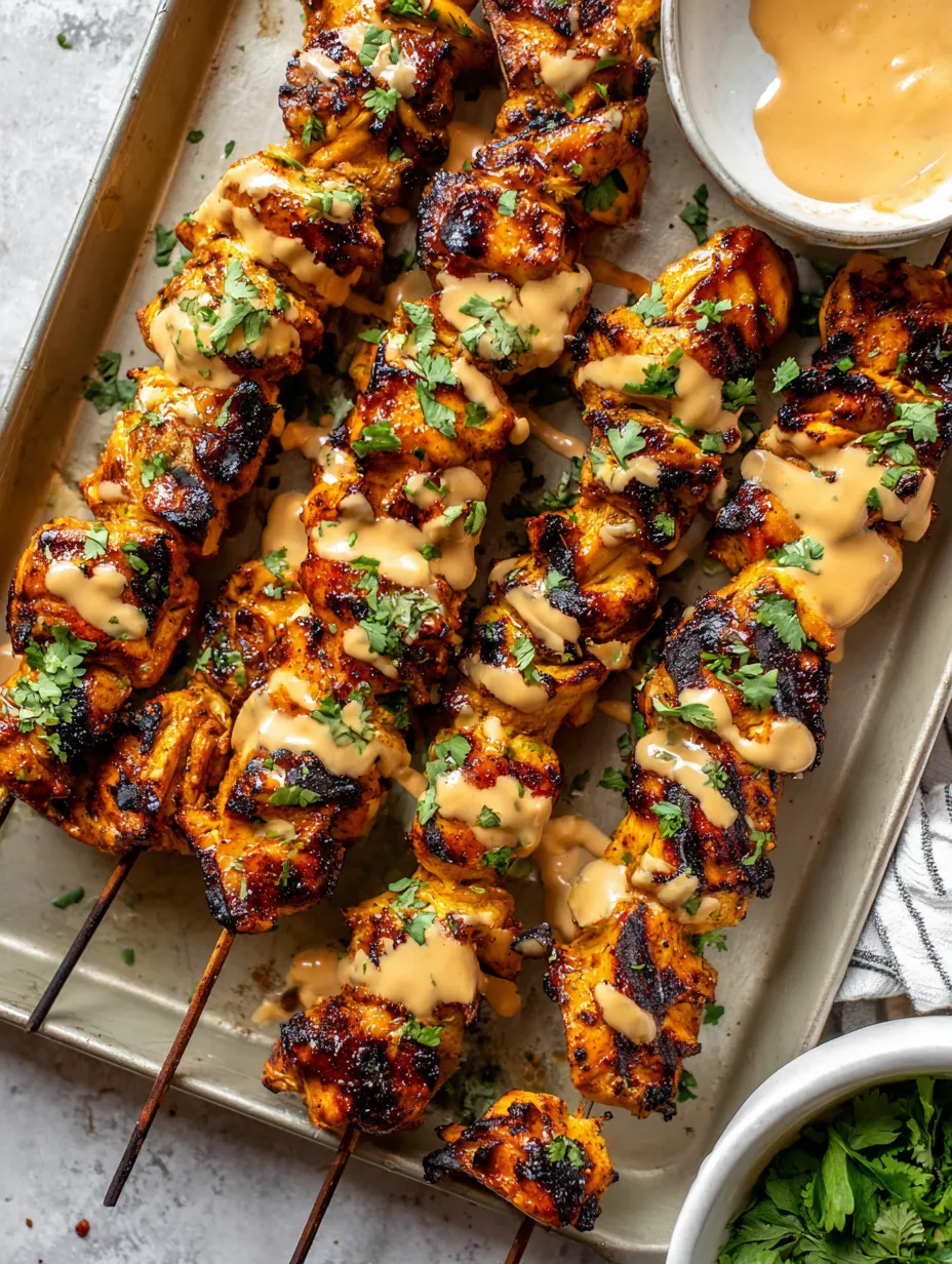 A tray of chicken skewers with sauce.