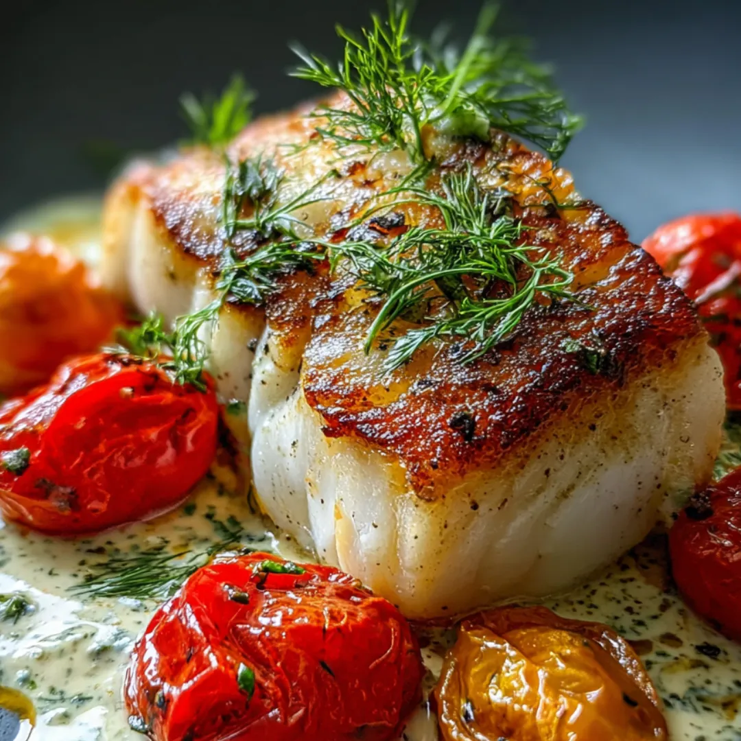 Food on a plate with juicy tomatoes and fresh herbs.