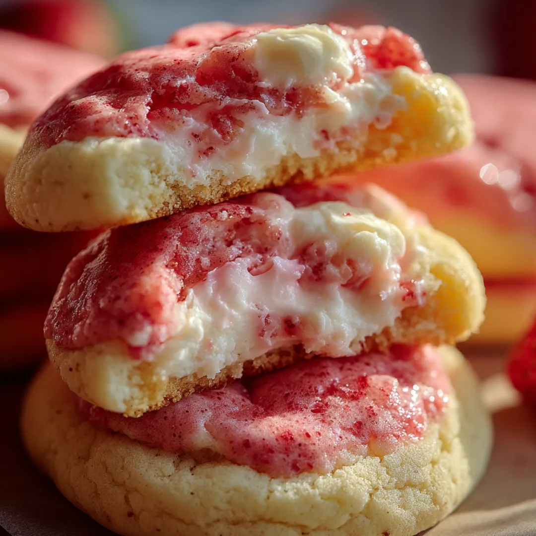 Several cookies stacked, topped with pink and white icing.
