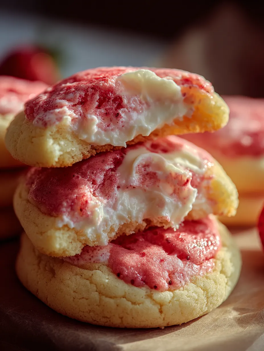 A pile of cookies showing off red berries and white creamy filling.