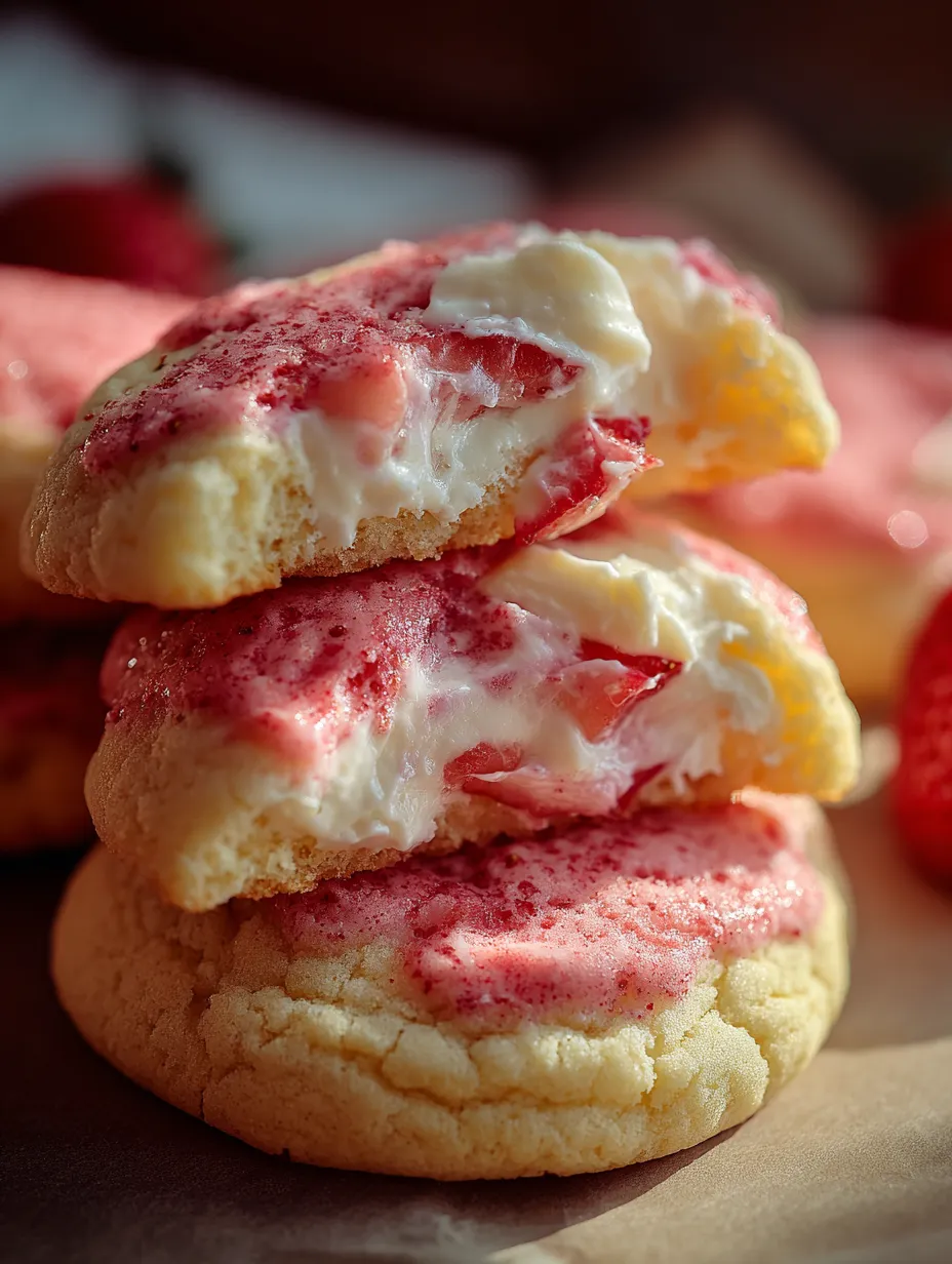 Layers of cookies with creamy centers and ruby strawberry bits in view.