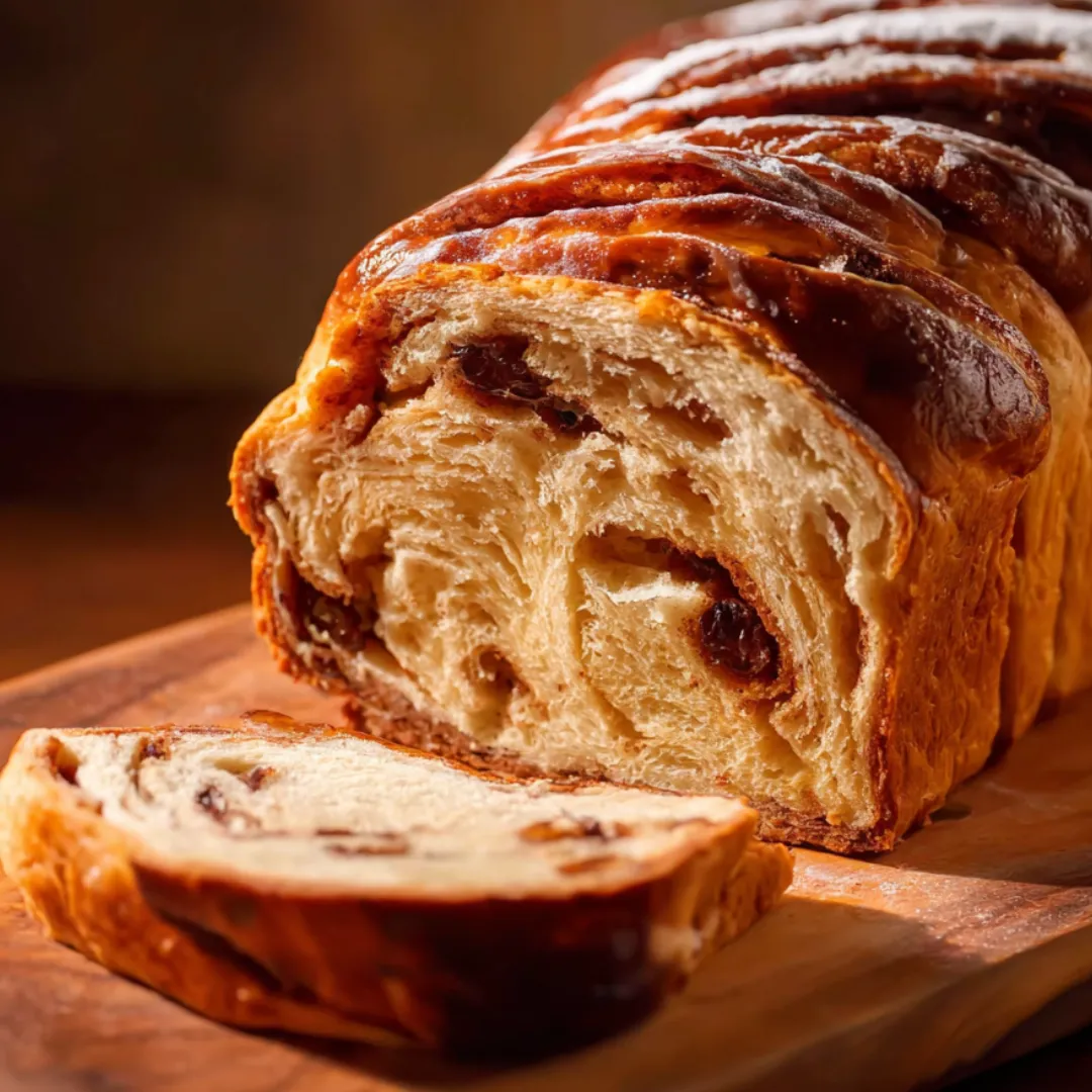 One cinnamon loaf with a piece cut out.