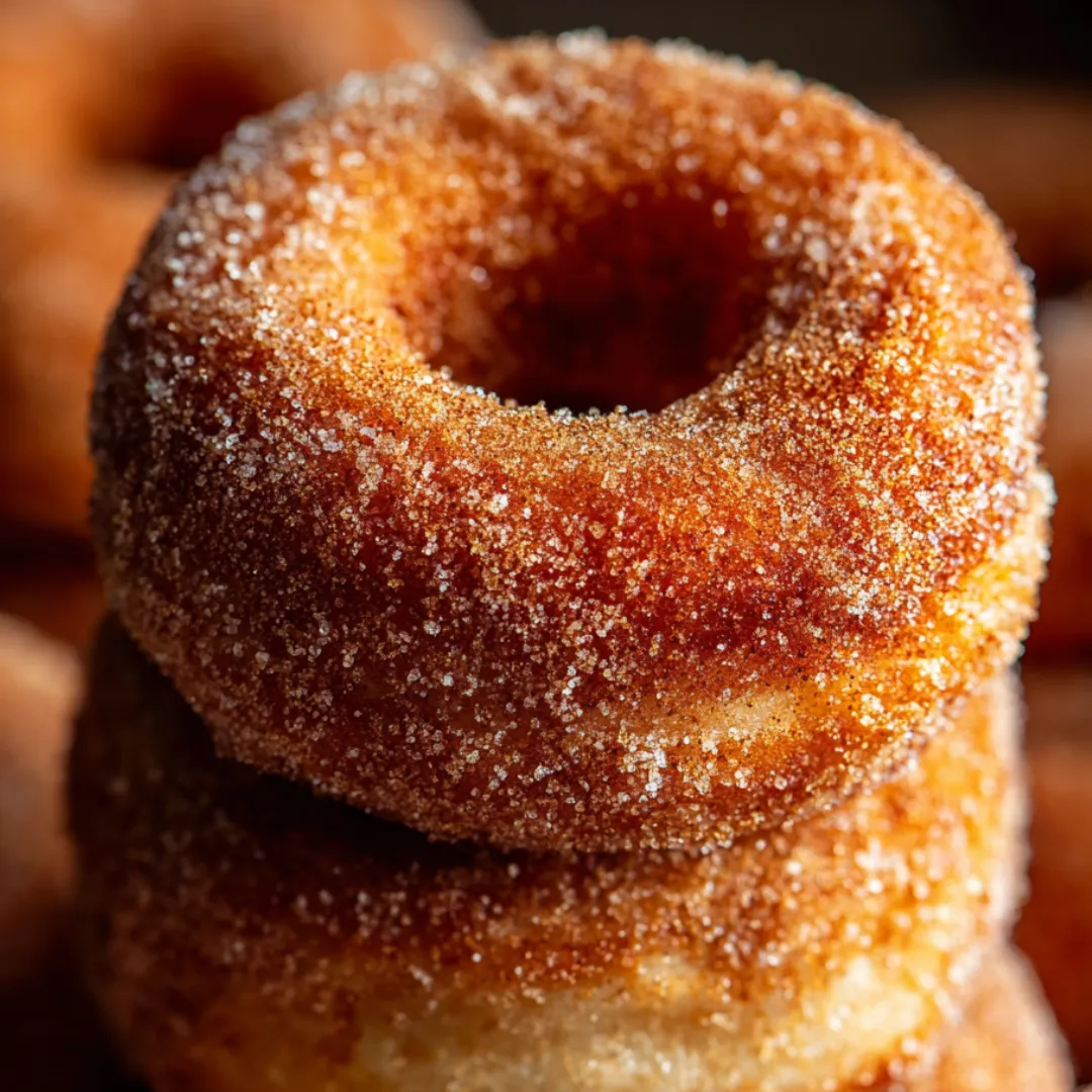 A pile of cinnamon-sugar donuts stacked up.