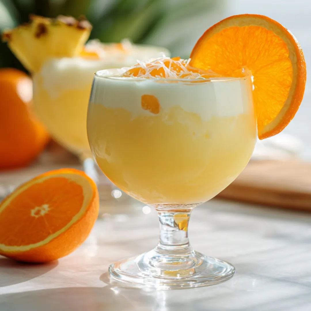 Glass of orange pineapple coconut drink with a sunny orange slice.