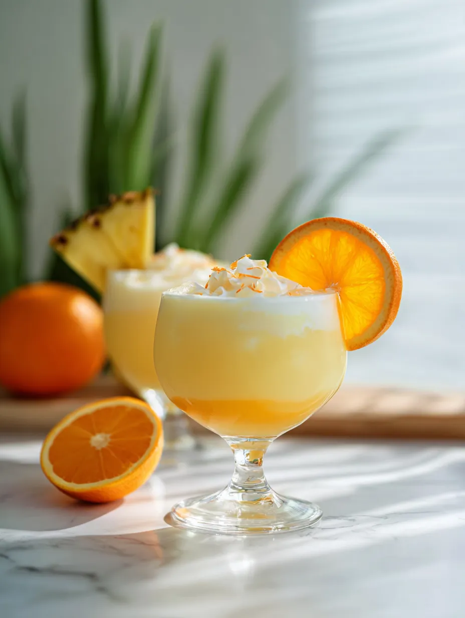 Two orange drinks with orange slices in each, sitting on a table.