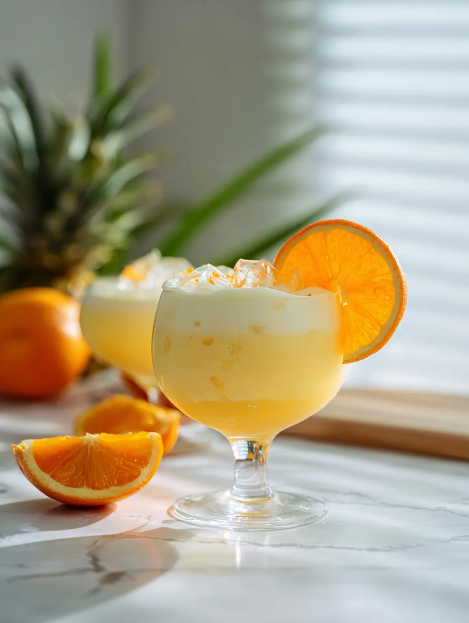 A glass of orange drink with an orange slice on the rim, sitting on a table.