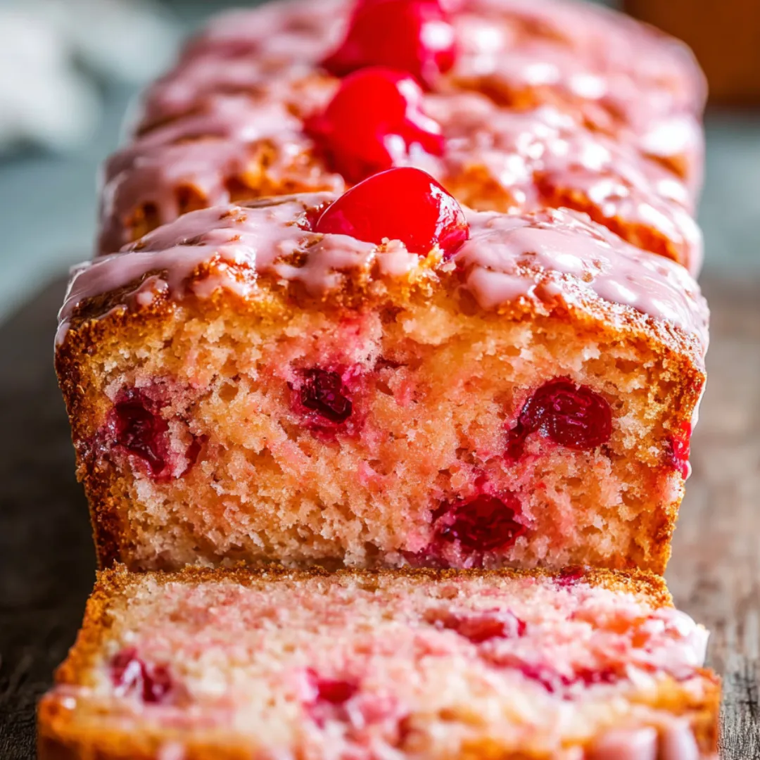 Slice of cake showing cherries and almond glaze.