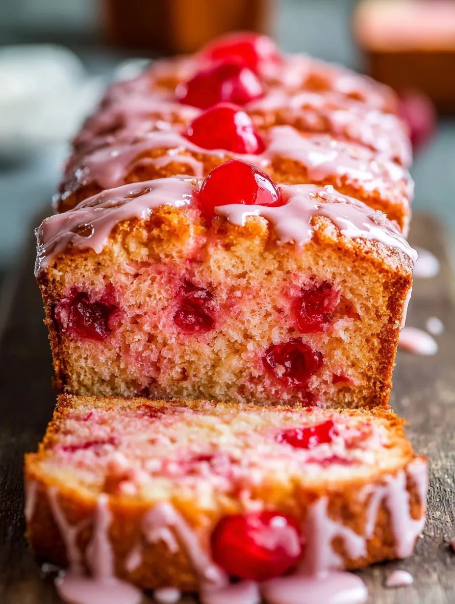A slice of soft loaf with a white glaze and cherries on top.