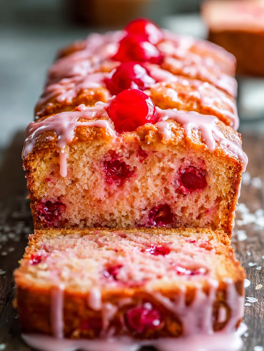 A thick slice topped with pink cherry icing and a fresh strawberry.