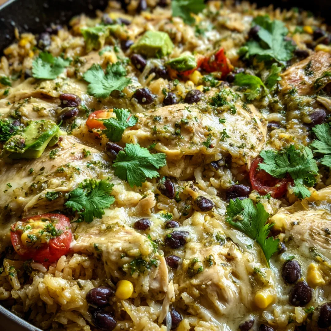 Steamy pan with chicken, rice, beans, and lots of color.