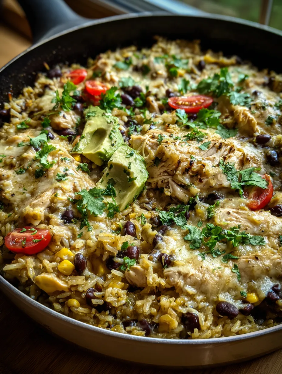 A skillet brimming with rice, chicken, and veggie goodness.